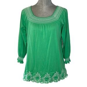 RXB Embroidered Cotton Shirt Flowy Boho Green Medium M 3/4 Quarter Sleeve NWT